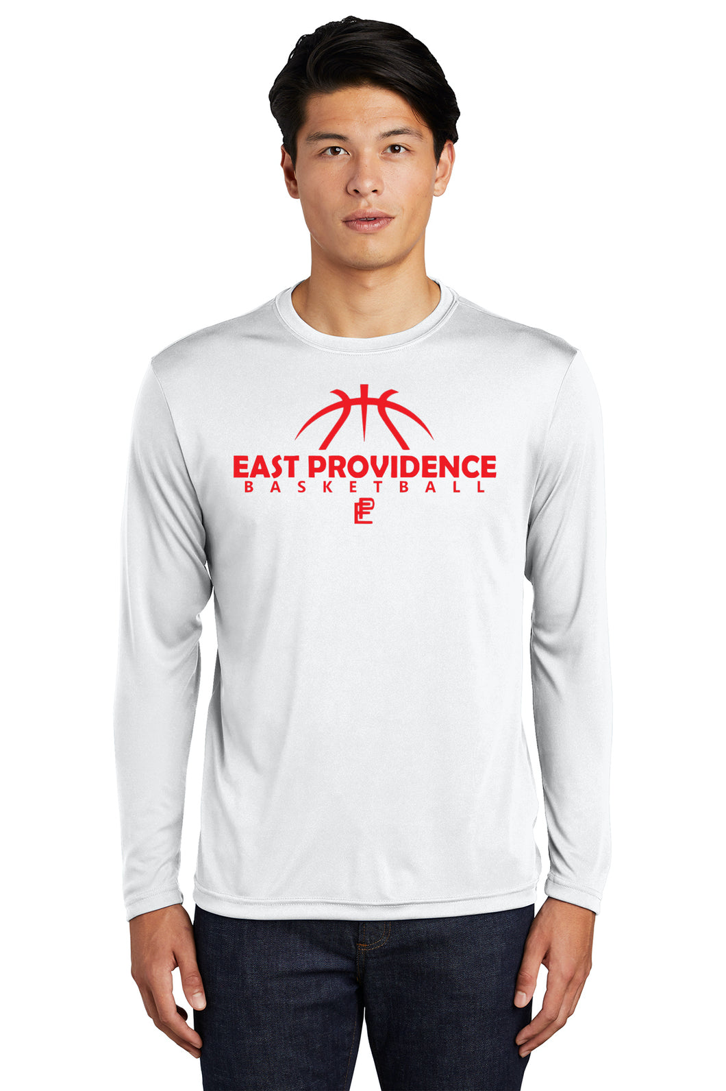 East Providence Basketball Heather White Performance Long Sleeve Red Print