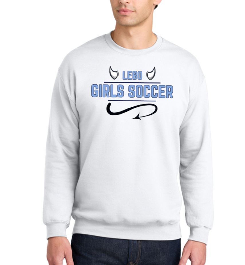 Lebo Soccer White Crew Sweatshirt Girls Soccer Horns